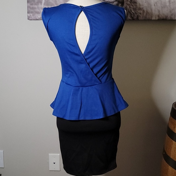 American City Wear Blue & Black Peplum Dress Small - Picture 3 of 7